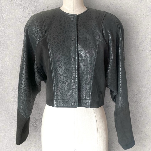 Vakko Neiman Marcus Cropped Leather Jacket Vintage Black - Picture 7 of 16